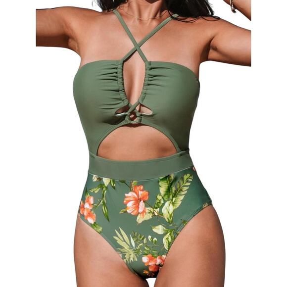 Cupshe Womens Tummy Control Front Drawstring One Piece Swimsuit Green SZ S NWT - Picture 1 of 5